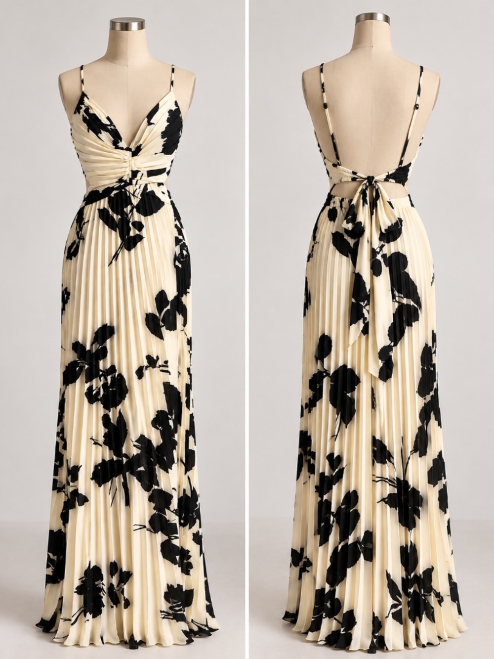 Pleated Ivory Floral Gown